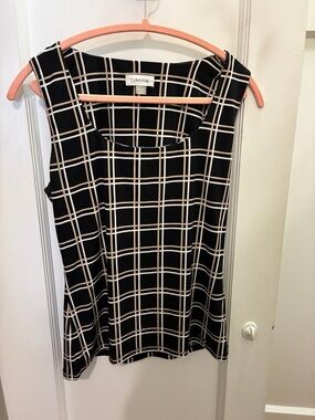 Calvin Klein Black with White and Tan Windowpane Sleeveless Blouse - M